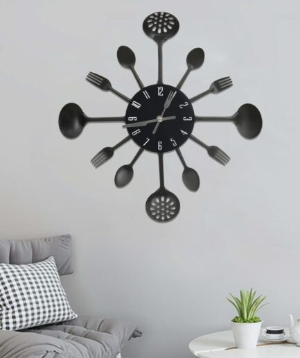 325163 Wall Clock With Spoon And Fork Design Black 40 Cm Aluminium